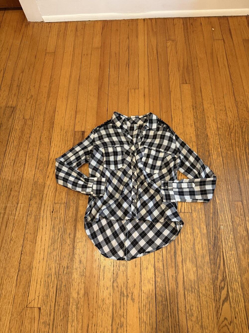 Free People Shirt Womens XS Black White Plaid Snap Front Tunic Top Long Sleeve